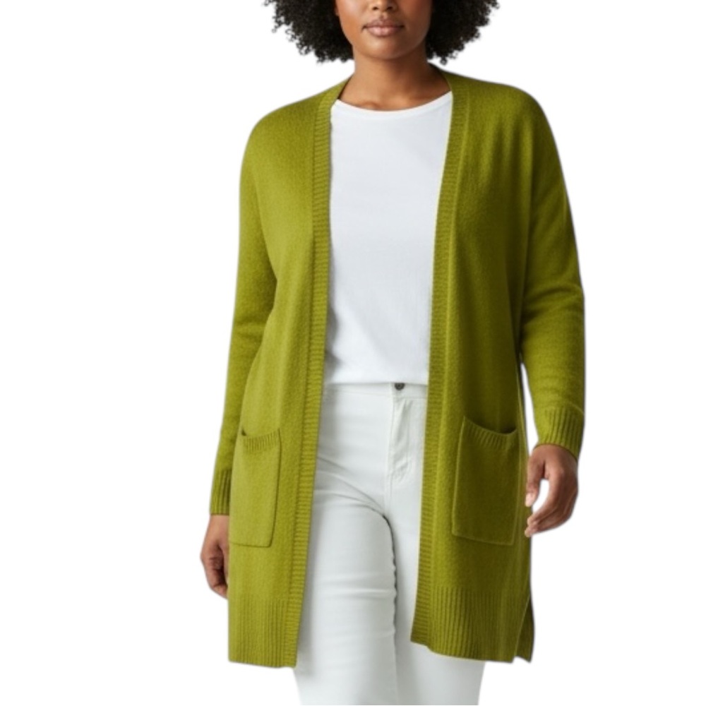 ELAN Chartreuse Nubby Open-Front Pocket Knit Cardigan Sweater Size XS